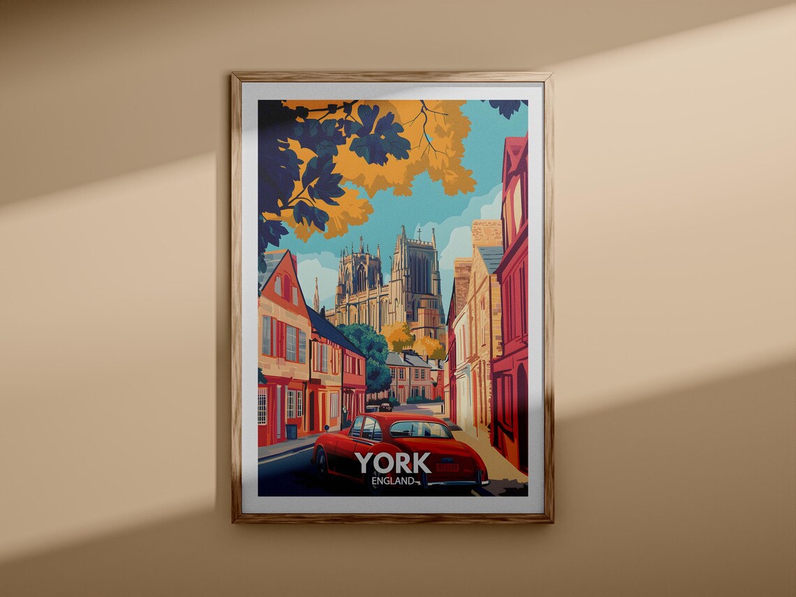 York England Vintage Red Car Street Minster View Travel Poster - Image 3