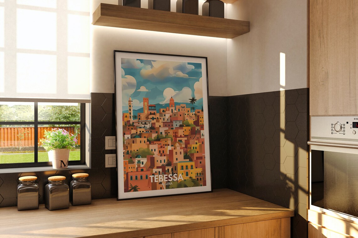 Tebessa Algeria Hillside Old Town Golden Buildings Vintage Travel Poster - Image 2