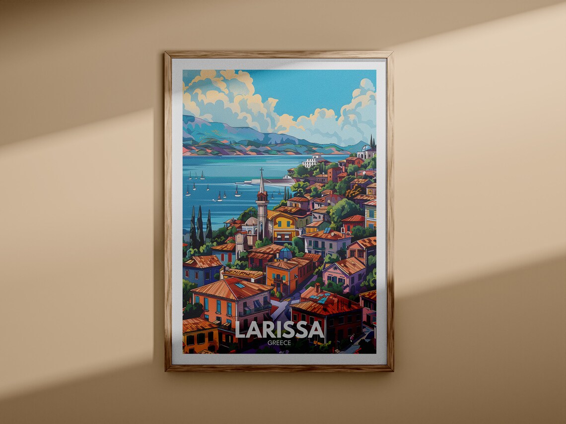 Larissa Greece Hillside Town Church Sailboats Coastal Poster - Image 3