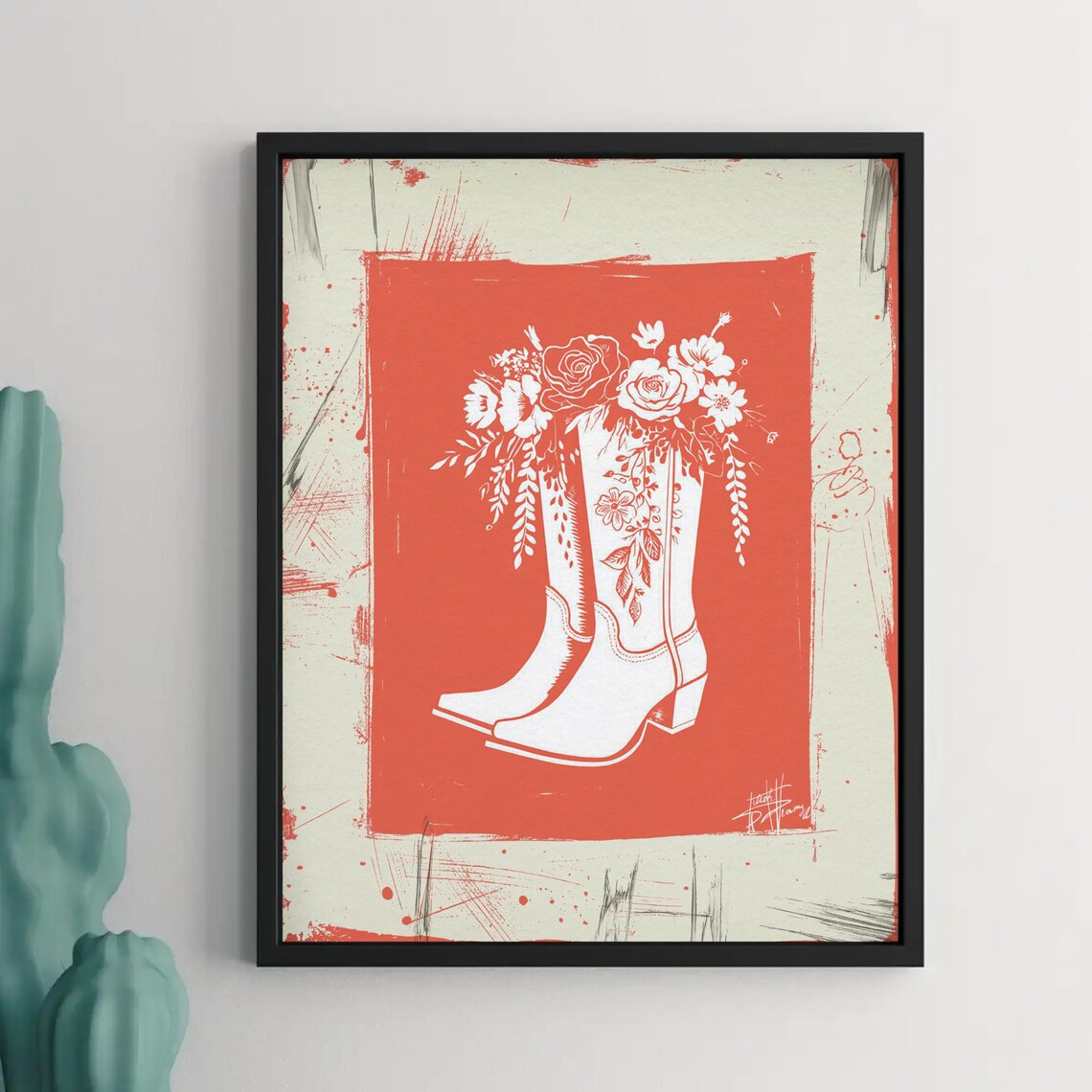 White Cowboy Boots with Floral Line Art on Coral Western Poster - Image 2