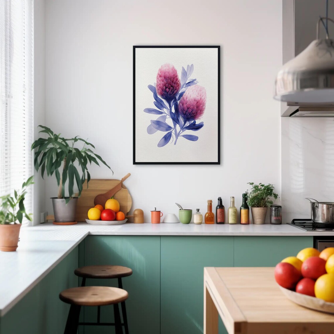 Pink Banksia Blossoms with Blue Leaves Watercolor Botanical Poster - Image 3