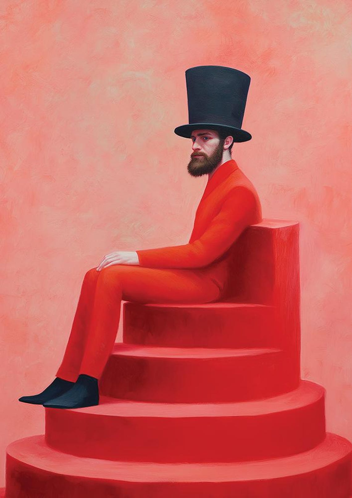 Eccentric Gentleman in Red Suit and Black Top Hat Surreal Poster - Image 4