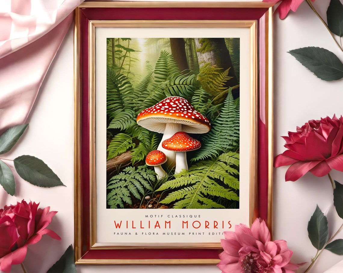 William Morris Mushroom Poster with Red Fly Agaric in Fern Forest