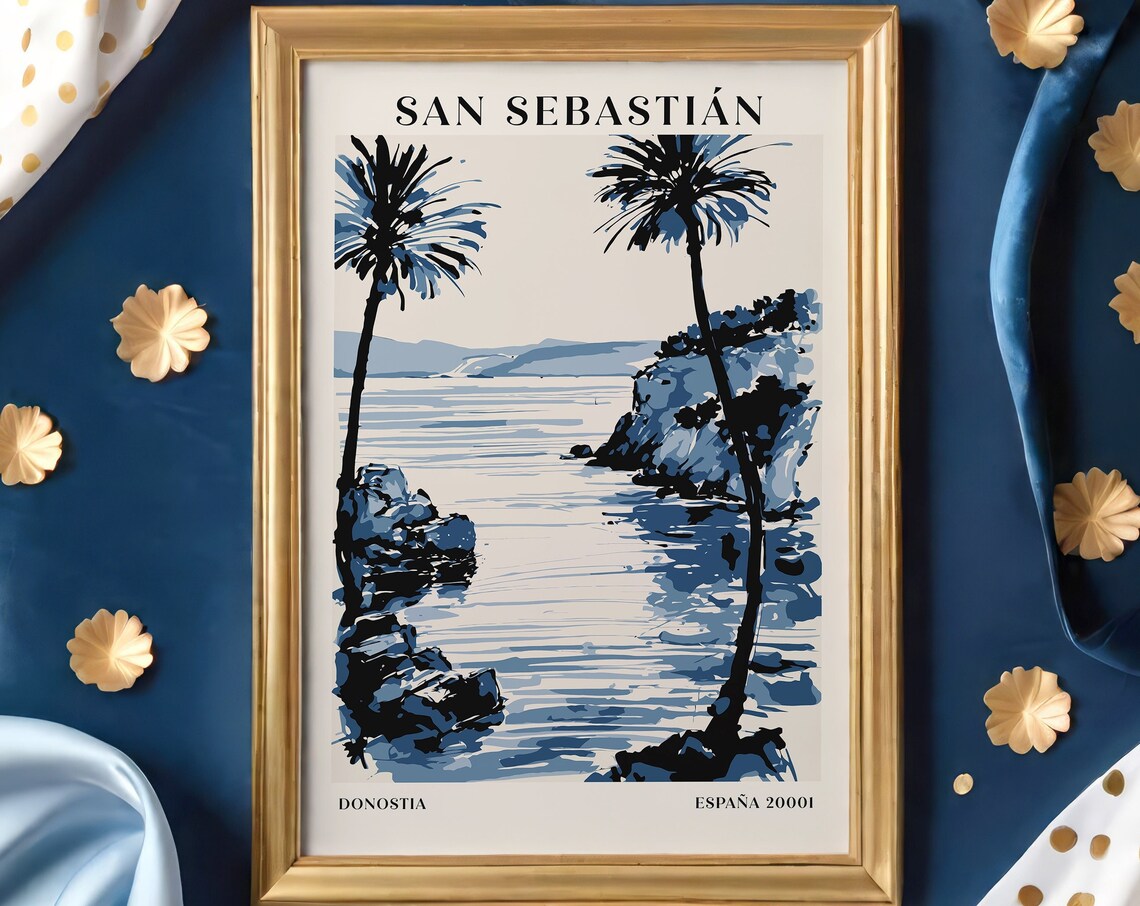 San Sebastián Spain Coastal Poster with Palms and Rocky Cove