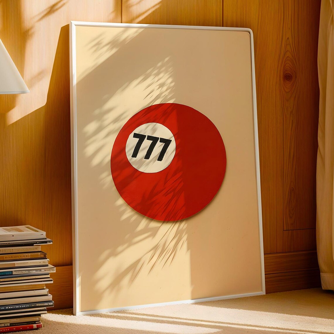 Lucky 777 Red Pool Ball Graphic Minimalist Retro Game Room Wall Art