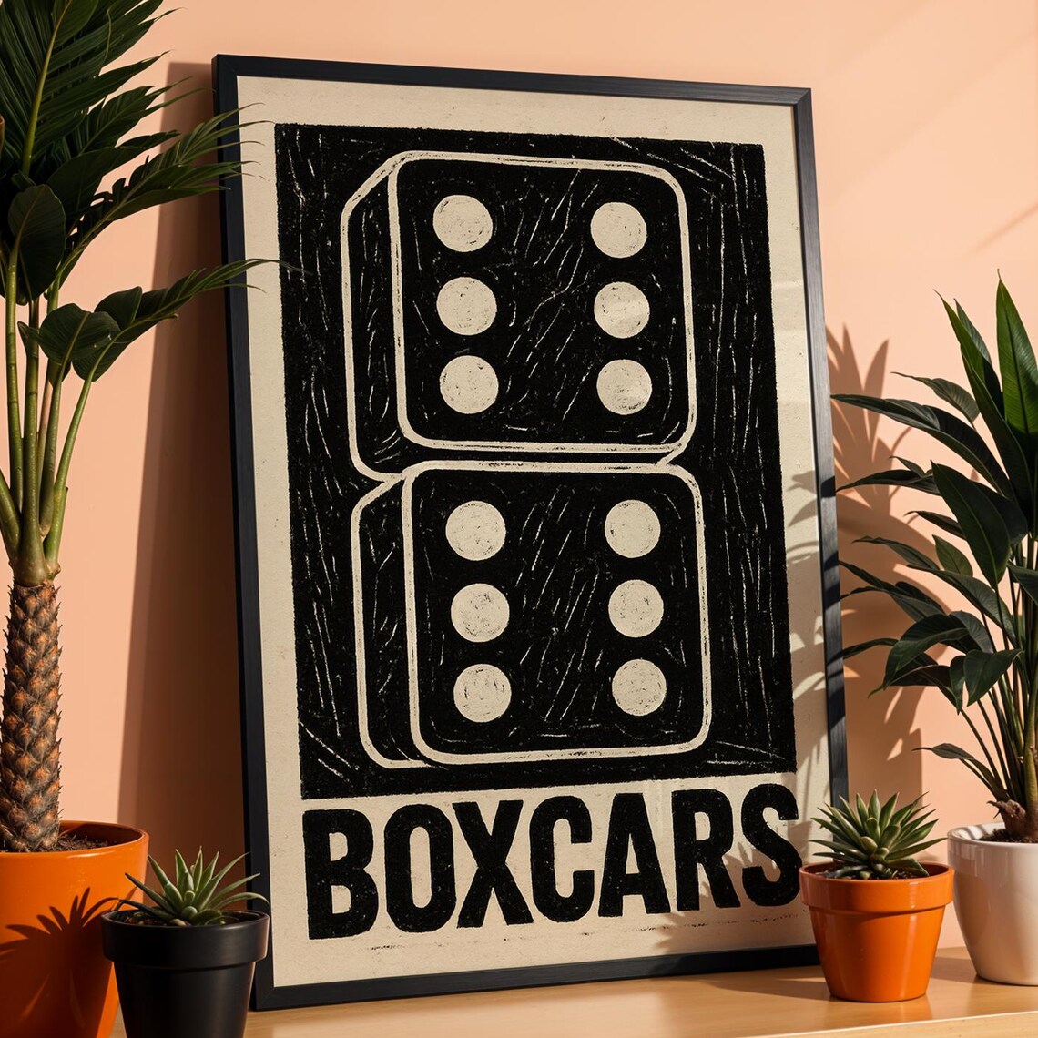 Boxcars Double Six Dice Bold Linocut Graphic Casino Game Poster