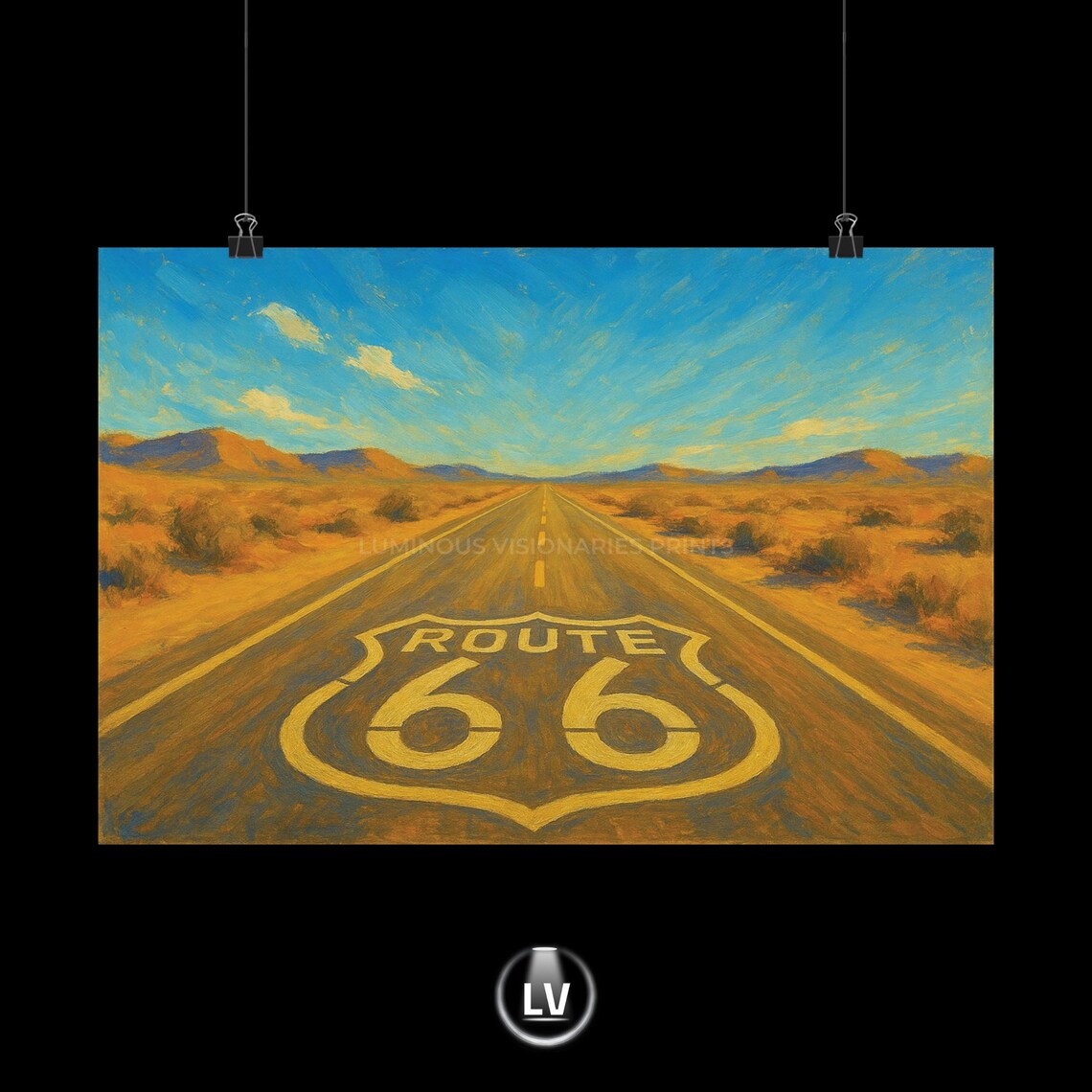 Route 66 Desert Highway Road Shield Oil Painting Poster Vintage Travel Art