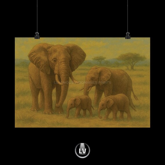 African Elephant Herd Two Calves Golden Plains Wildlife Painting Poster
