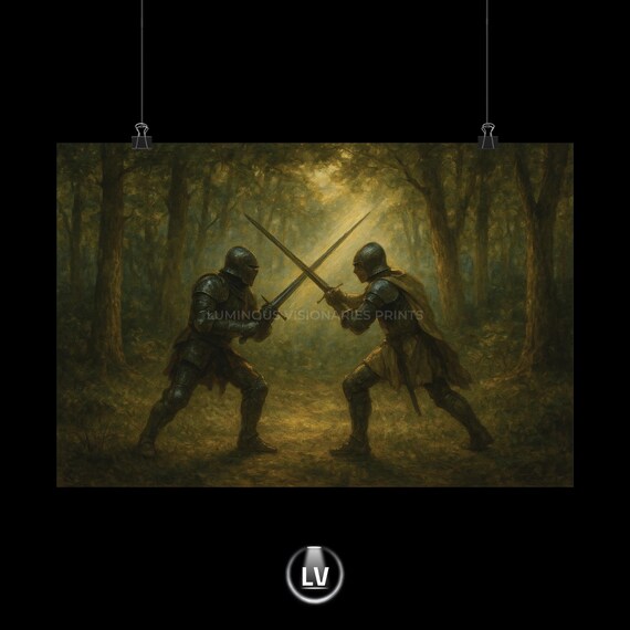Two Knights Crossing Swords Sunlit Forest Duel Oil Painting Poster