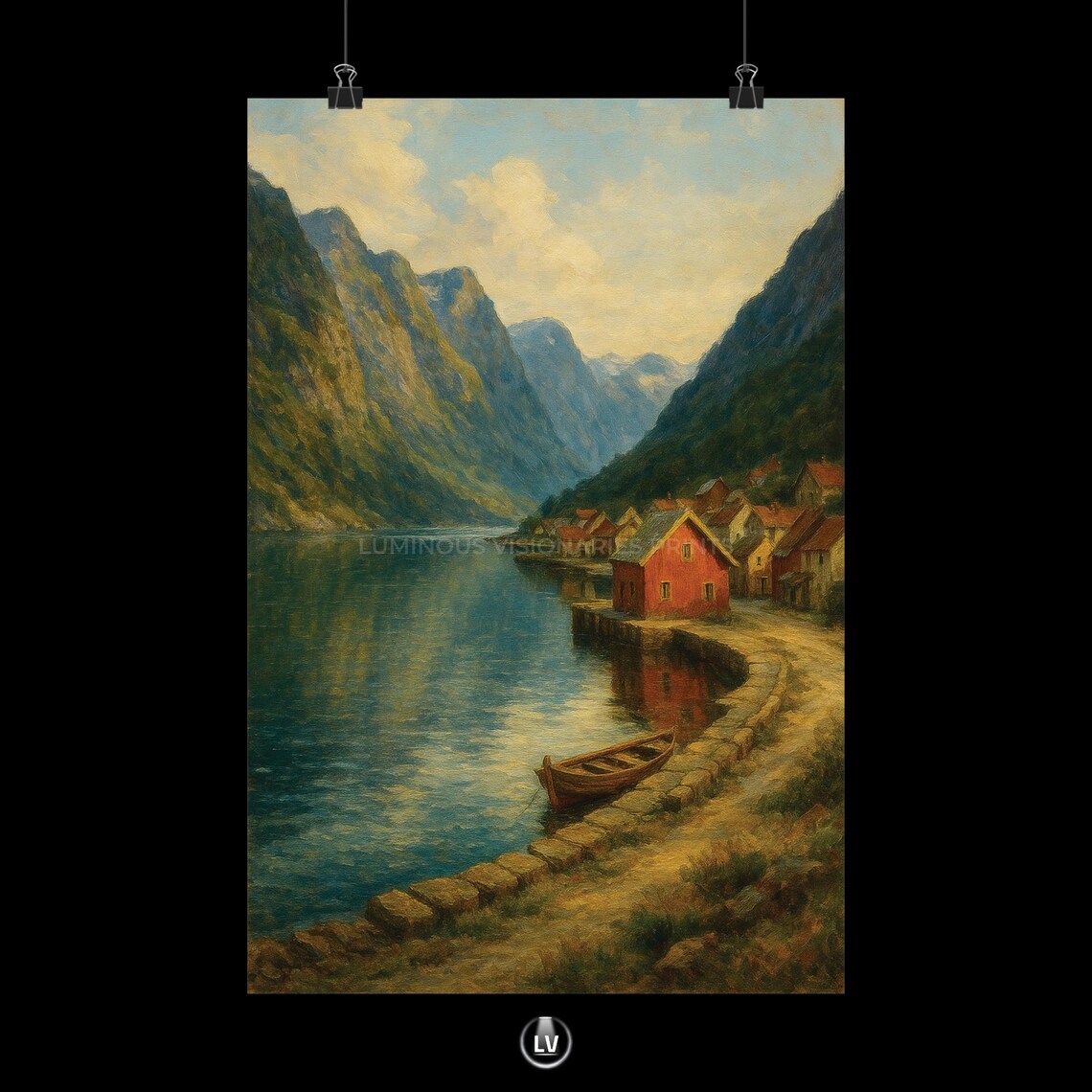 Fjord Village Red Cabin Boat Mountain Lake Oil Painting Poster