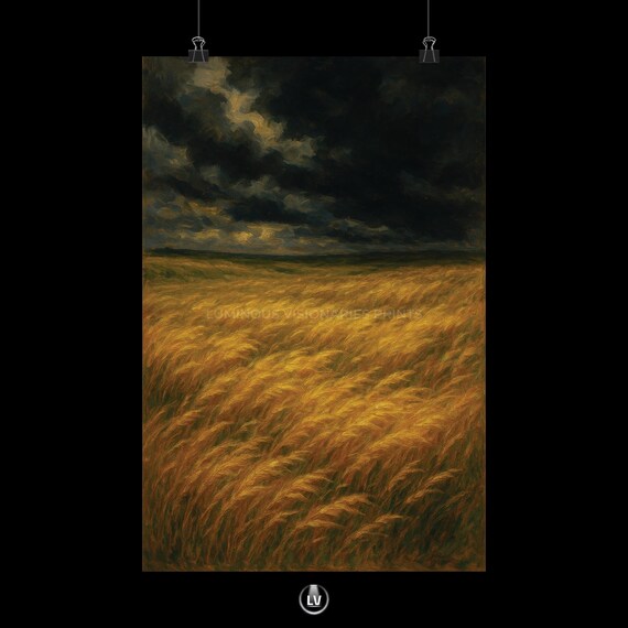 Golden Wheat Field Stormy Sky Dramatic Prairie Landscape Art Poster