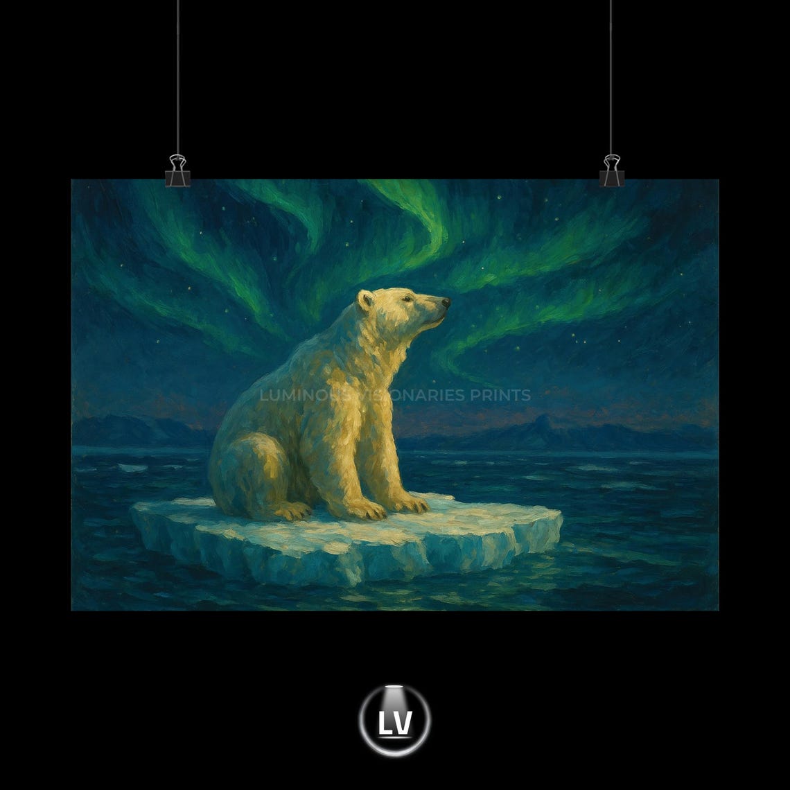 Polar Bear Aurora Night Sky Poster Arctic Wildlife Oil Painting Decor