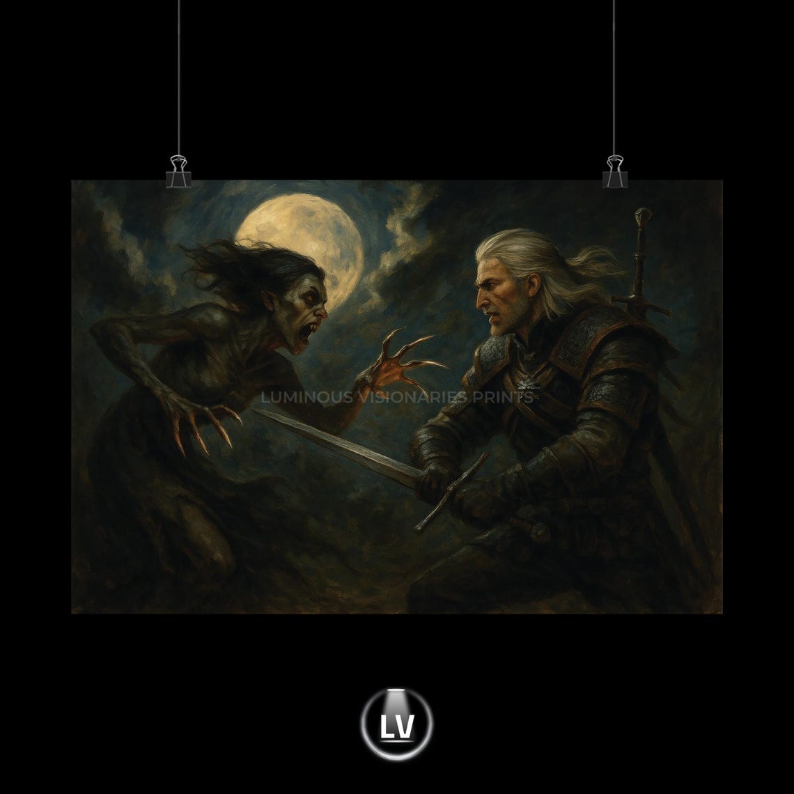 Geralt Vs Bruxa Monster Hunter Moonlit Fantasy Battle Art Poster