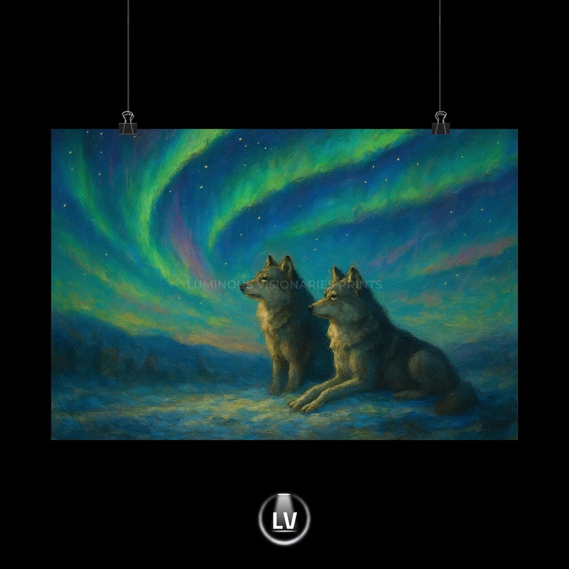 Grey Wolves Beneath Aurora Borealis Night Sky Painting Poster
