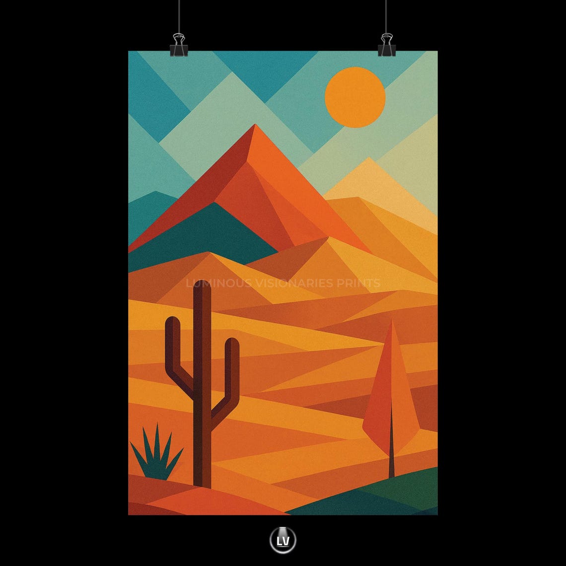 Geometric Vast Desert Dunes Cactus Sunset Boho Retro Art Poster