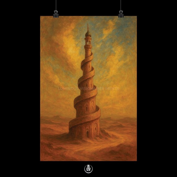 Spiral Desert Minaret Tower Painting Poster Golden Sunset Art Wall Decor Home