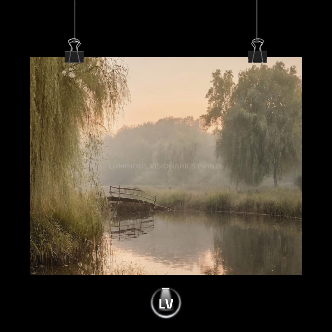 Misty Willow Lake Dawn Wooden Dock Tranquil Nature Reflection Poster