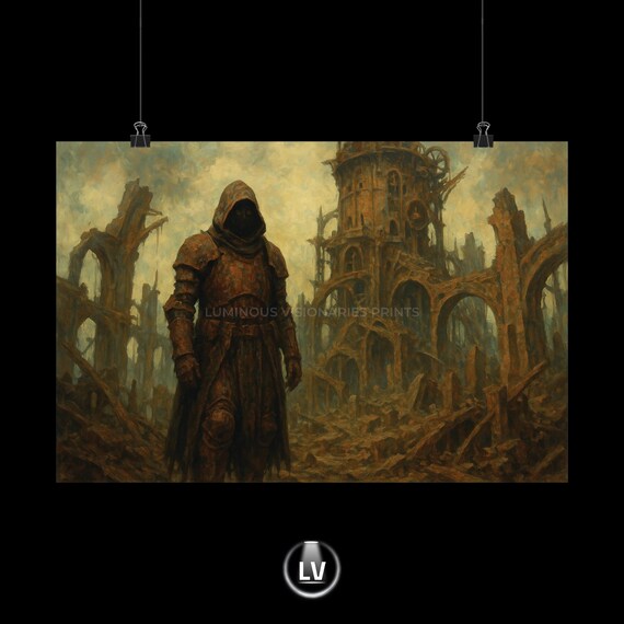 Dark Fantasy Hooded Knight Ruined Gothic Tower Dystopian Art Poster