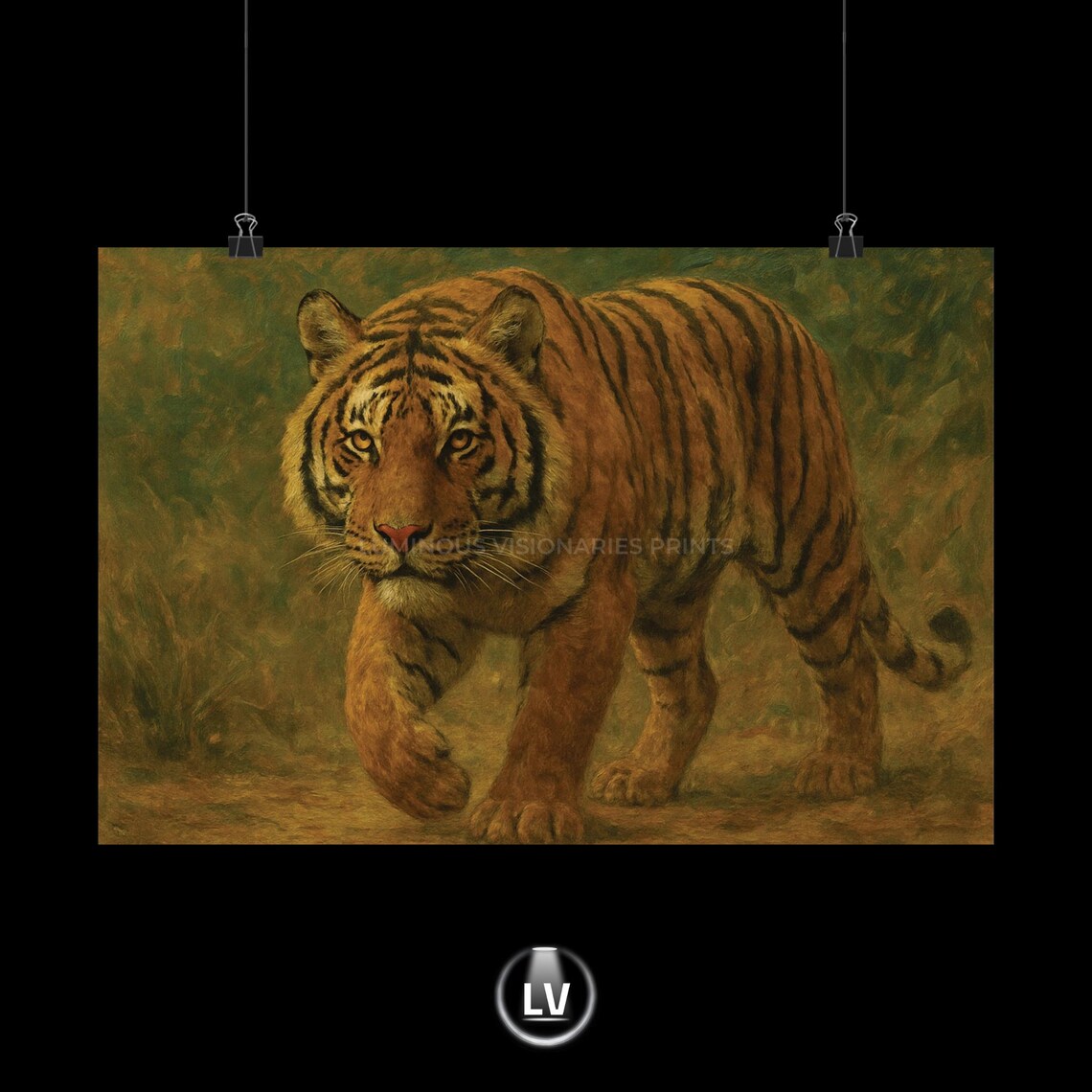 Tiger Prowling Golden Grassland Realistic Oil Painting Wildlife Poster
