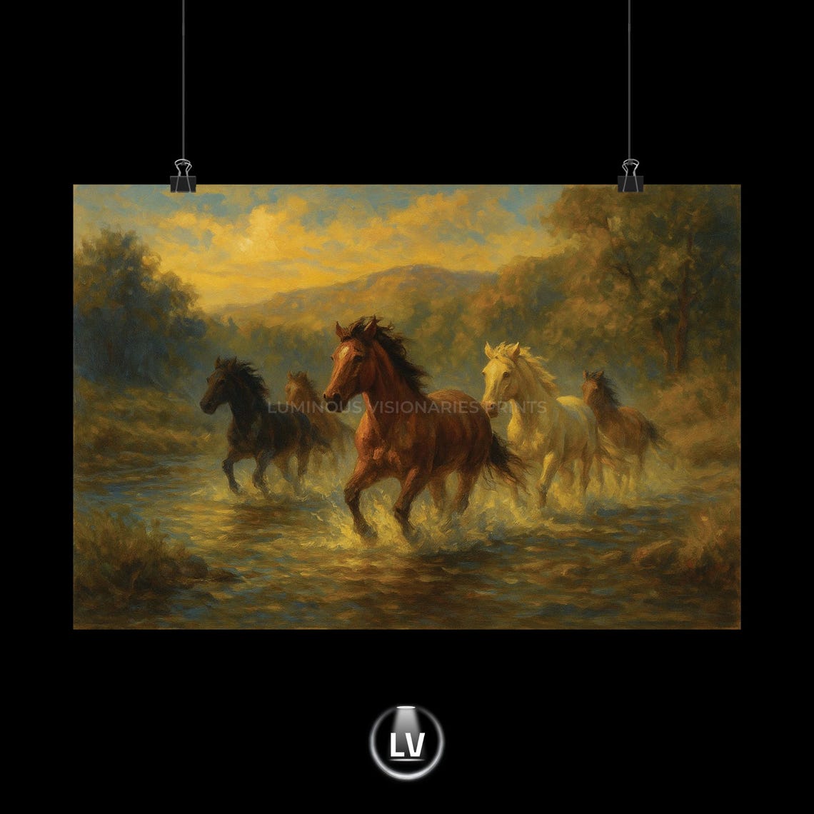 Majestic Wild Horses Galloping River Sunset Golden Painting Poster