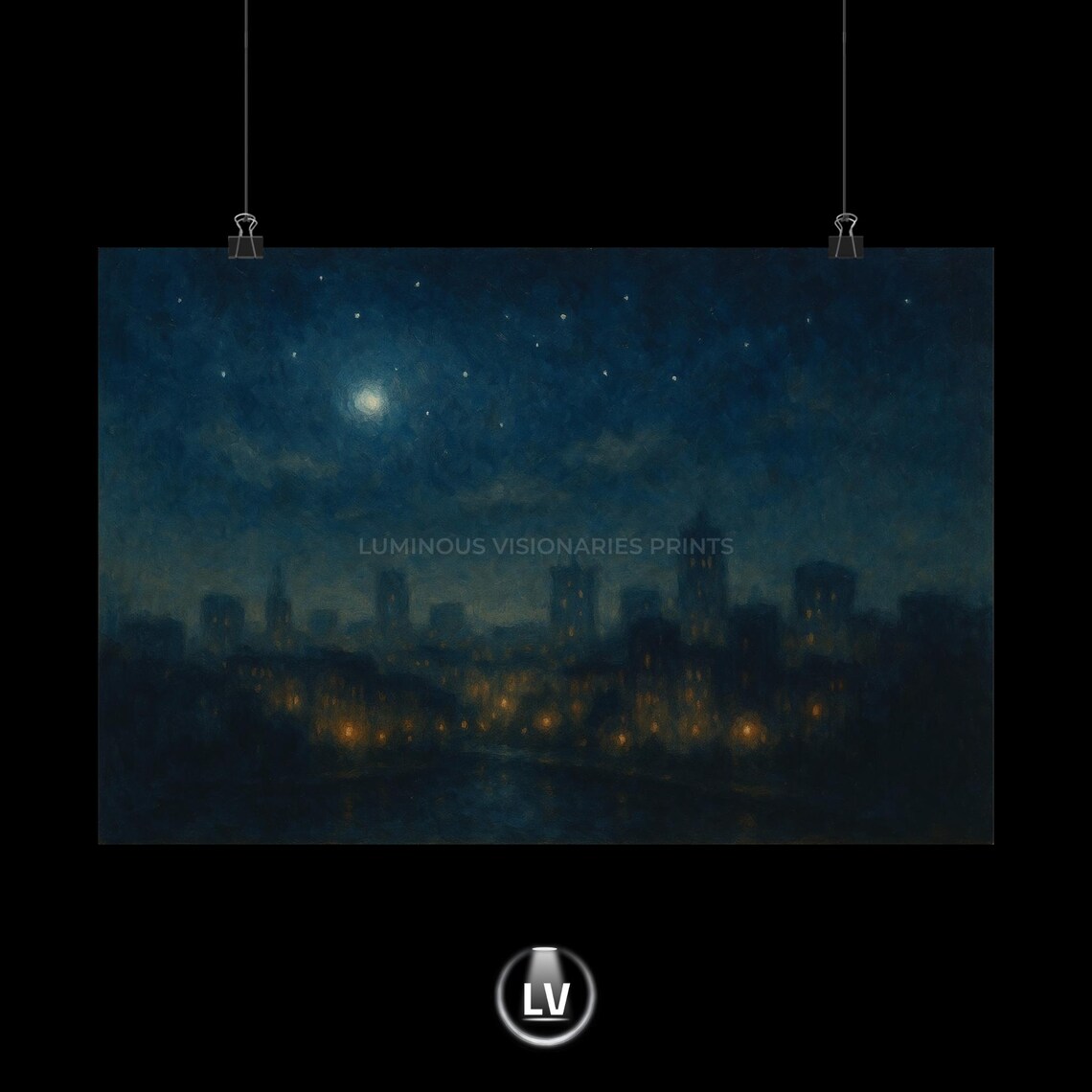 Starry City Skyline, Modern Urban Night Sky Poster