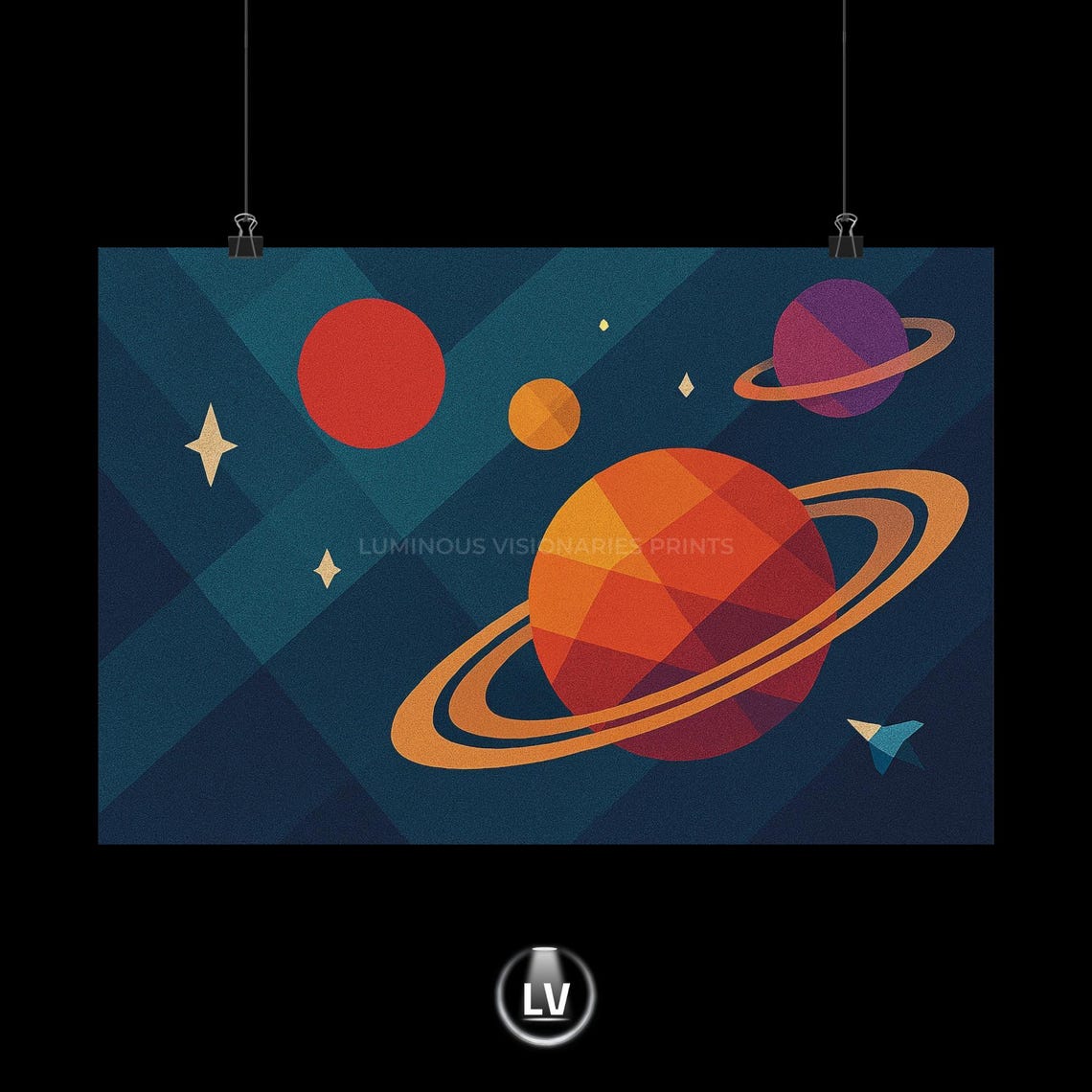 Geometric Cosmic Planets Saturn Rings Space Retro Art Poster