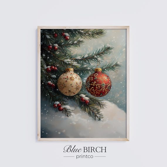 Vintage Christmas Ornament Wall Art Elegant Holiday Bauble Print Winter Evergreen Painting Classic Moody Decor 127