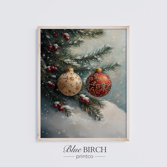 Vintage Christmas Ornaments Snowy Pine Branch Holiday Poster