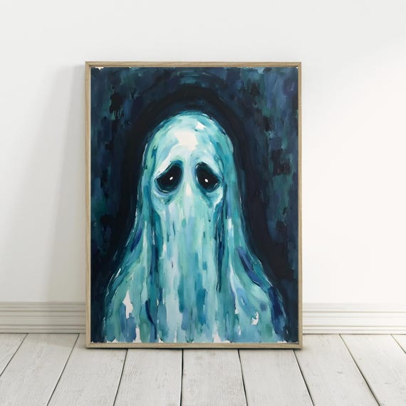 Blue Wall Art Abstract Watercolor Painting Moody Halloween Decor Modern Gothic Poster Spooky Floating
