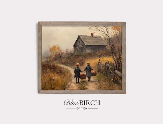 Children With Apple Baskets Autumn Cabin Vintage Farmhouse Poster