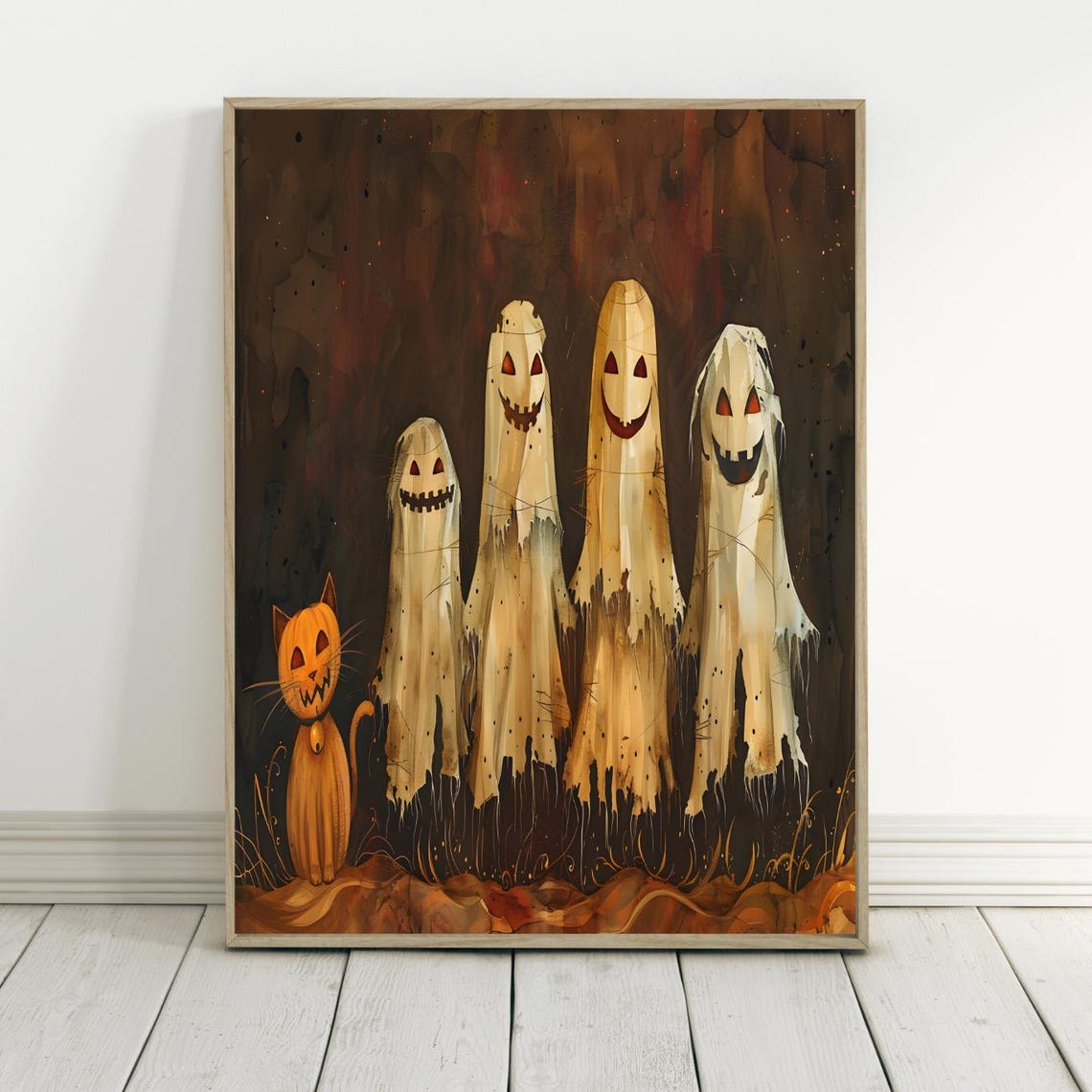 Wall Art Jackolantern Ghosts And Orange Pumpkin Cat Folk Halloween Poster Neutral Boho Fall Decor Friendly Spirits