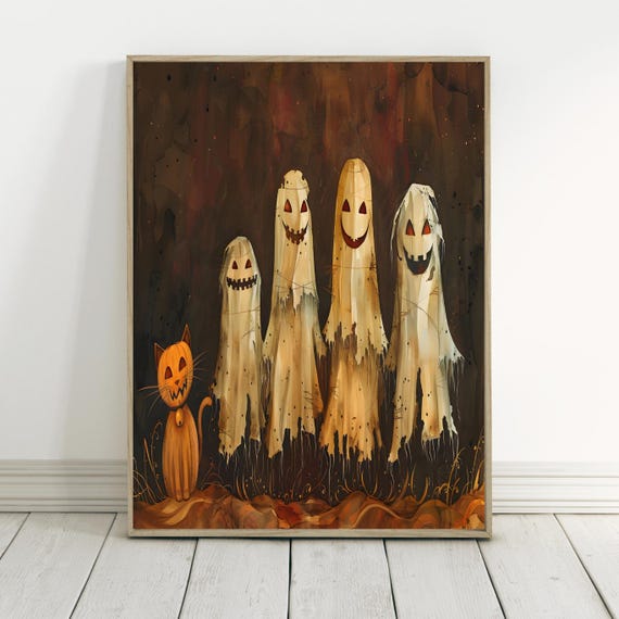 Wall Art Jackolantern Ghosts And Orange Pumpkin Cat Folk Halloween Poster Neutral Boho Fall Decor Friendly Spirits