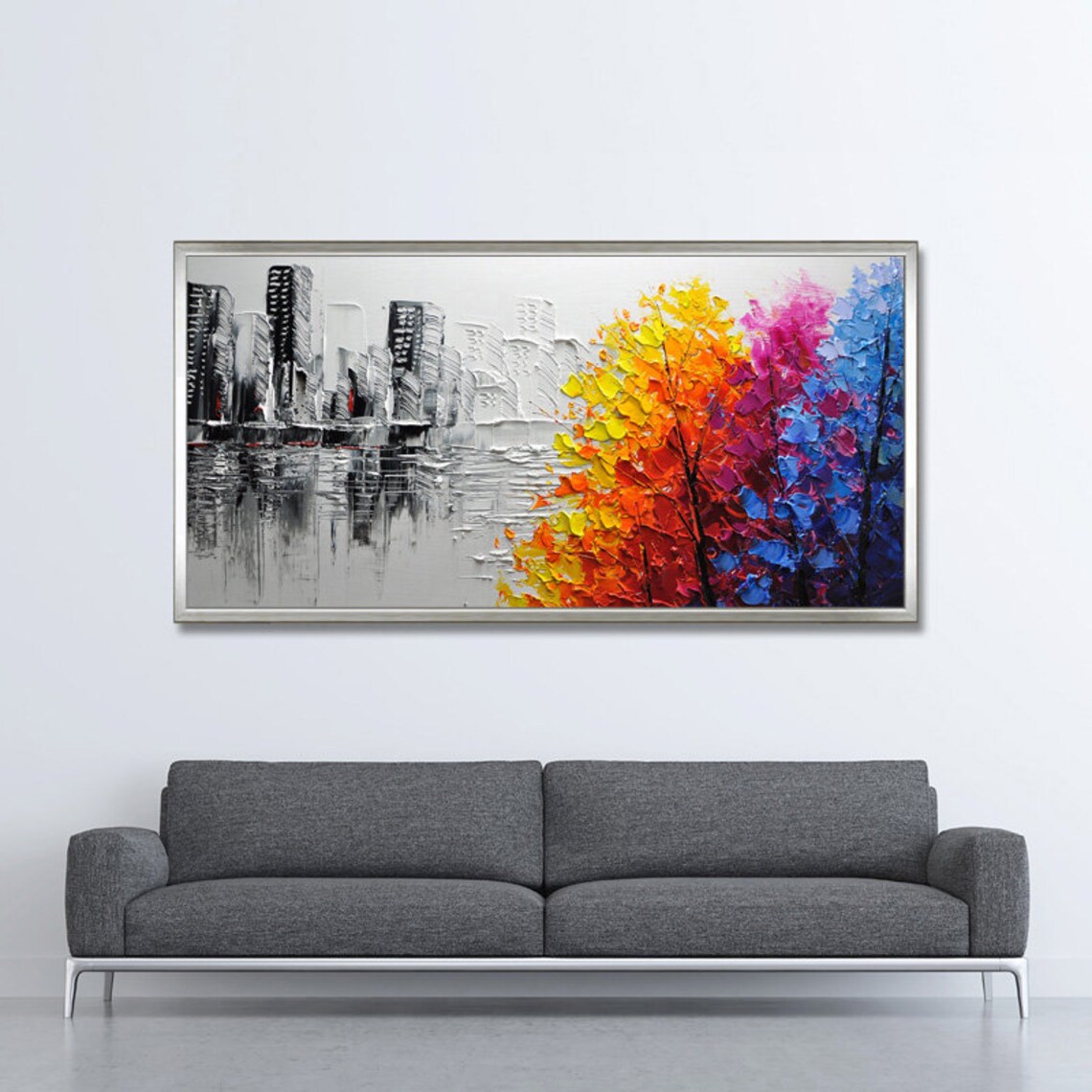 Abstract City Skyline With Colorful Autumn Trees Oil Paint Poster
