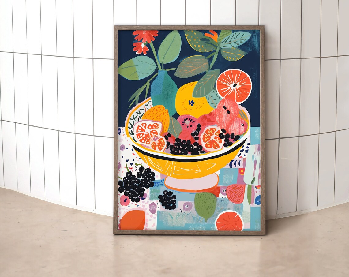 Colorful Fruit Bowl Citrus Still Life Modern Kitchen Art Poster