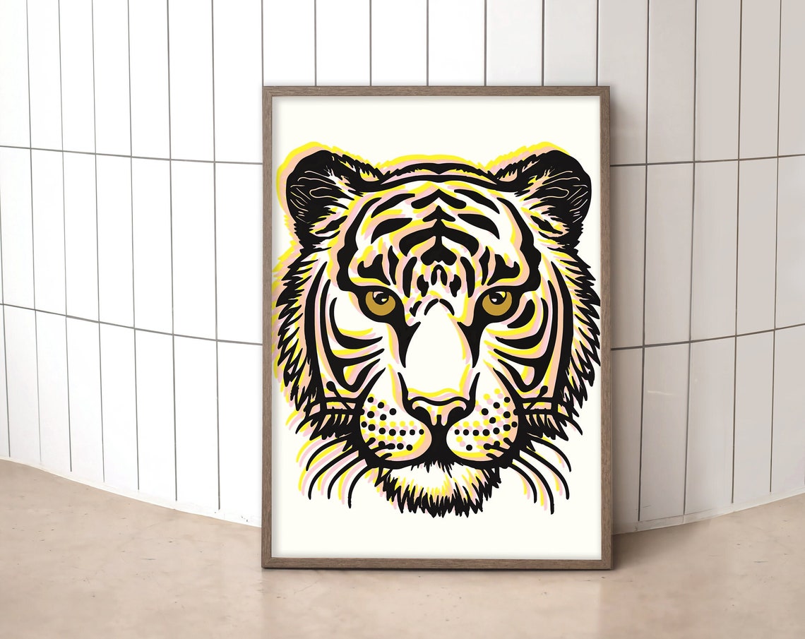 Bold Tiger Face Graphic Yellow Black Modern Wildlife Wall Art