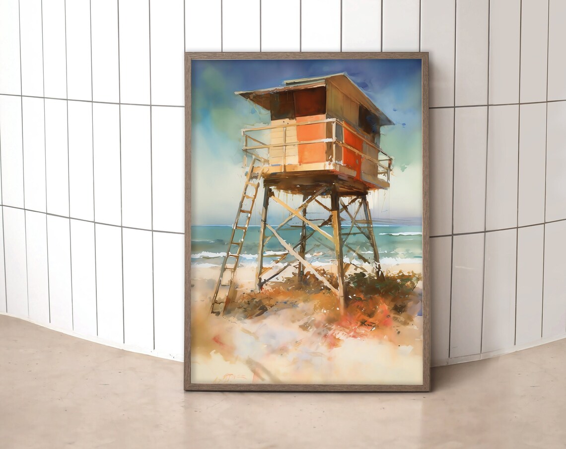 Weathered Lifeguard Tower Beach Scene Watercolor Coastal Art Print
