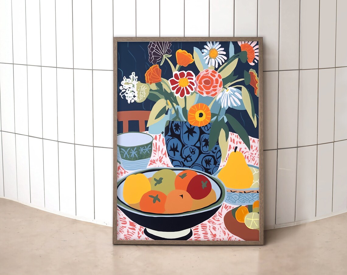 Vibrant Fruit Bowl and Floral Vase Still Life Painting Poster