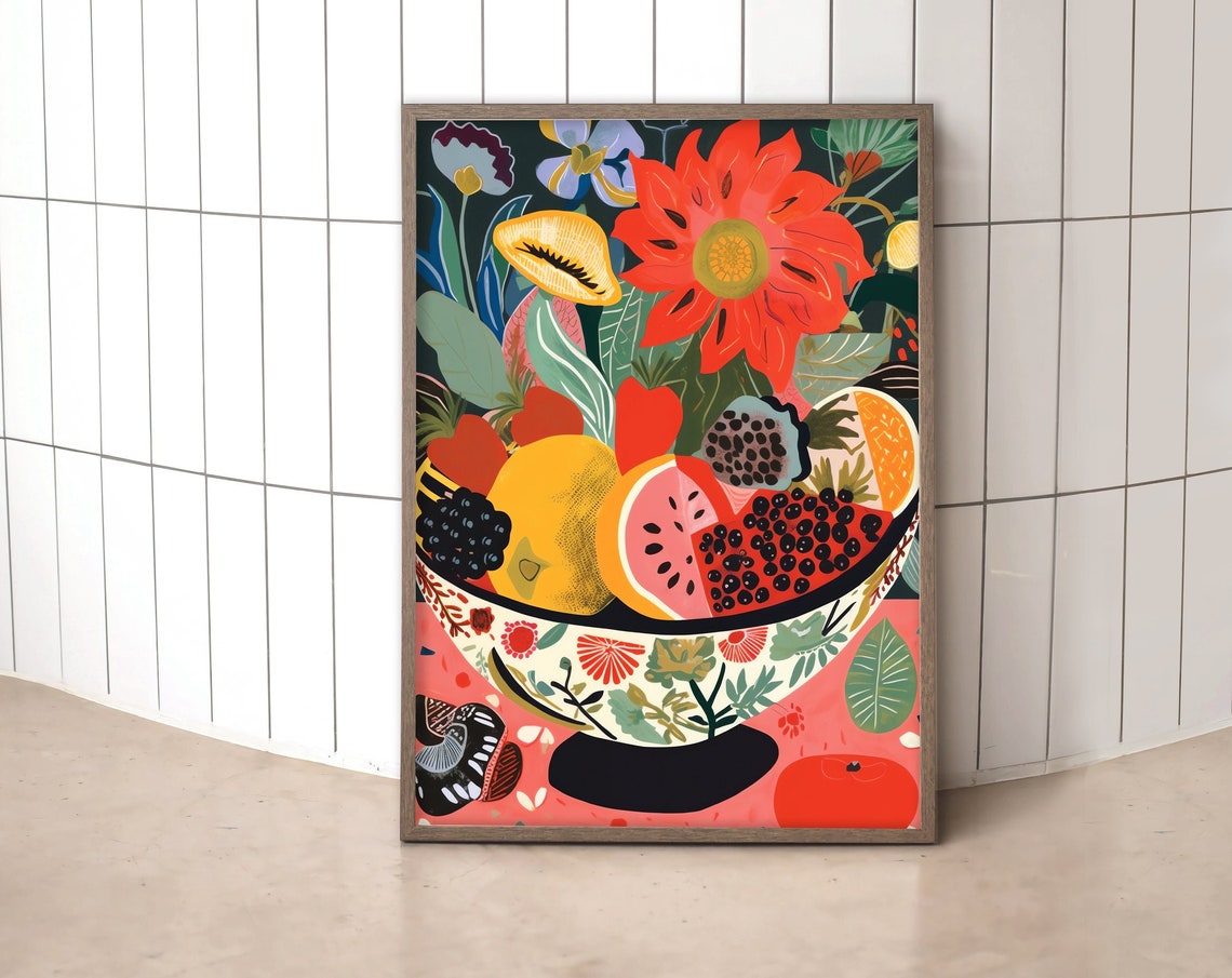 Colorful Eclectic Fruit Bowl Still Life Kitchen Decor Poster