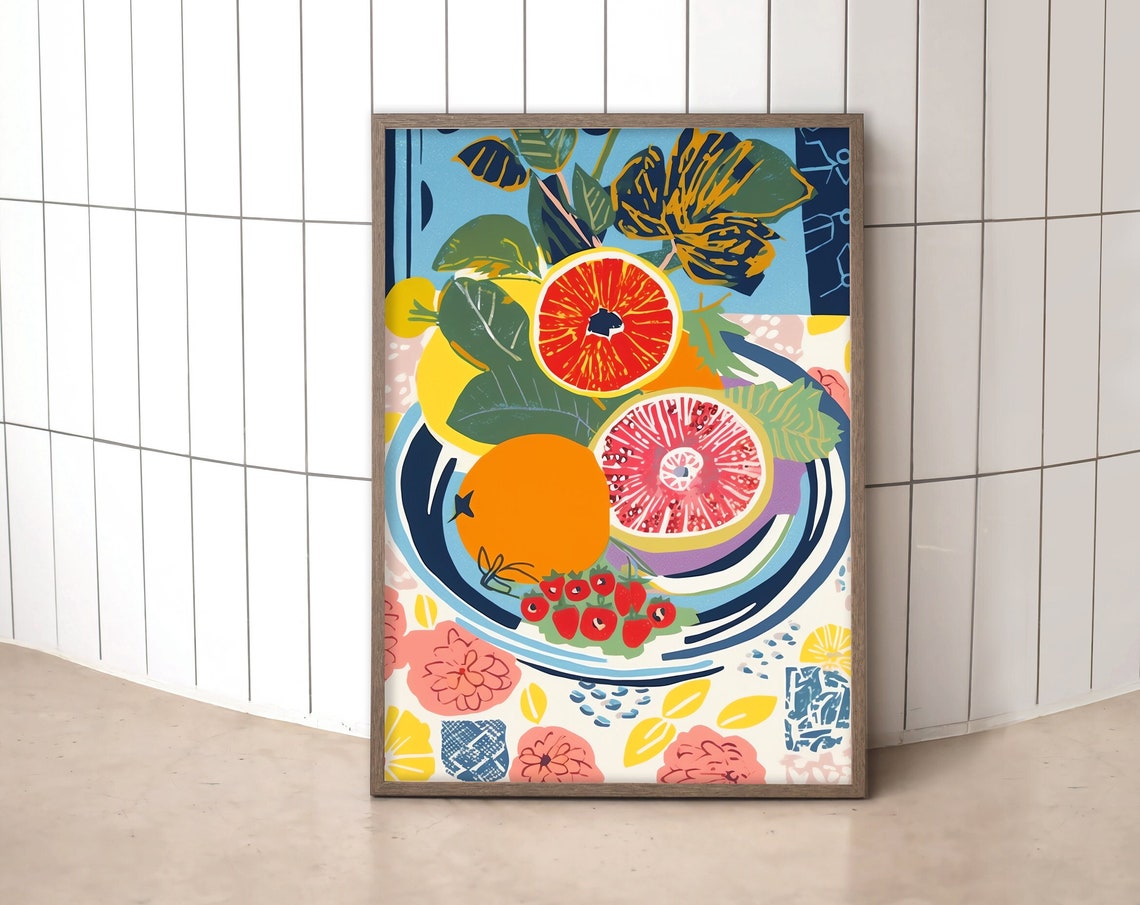 Eclectic Citrus Fruit Bowl Poster Colorful Kitchen Floral Decor