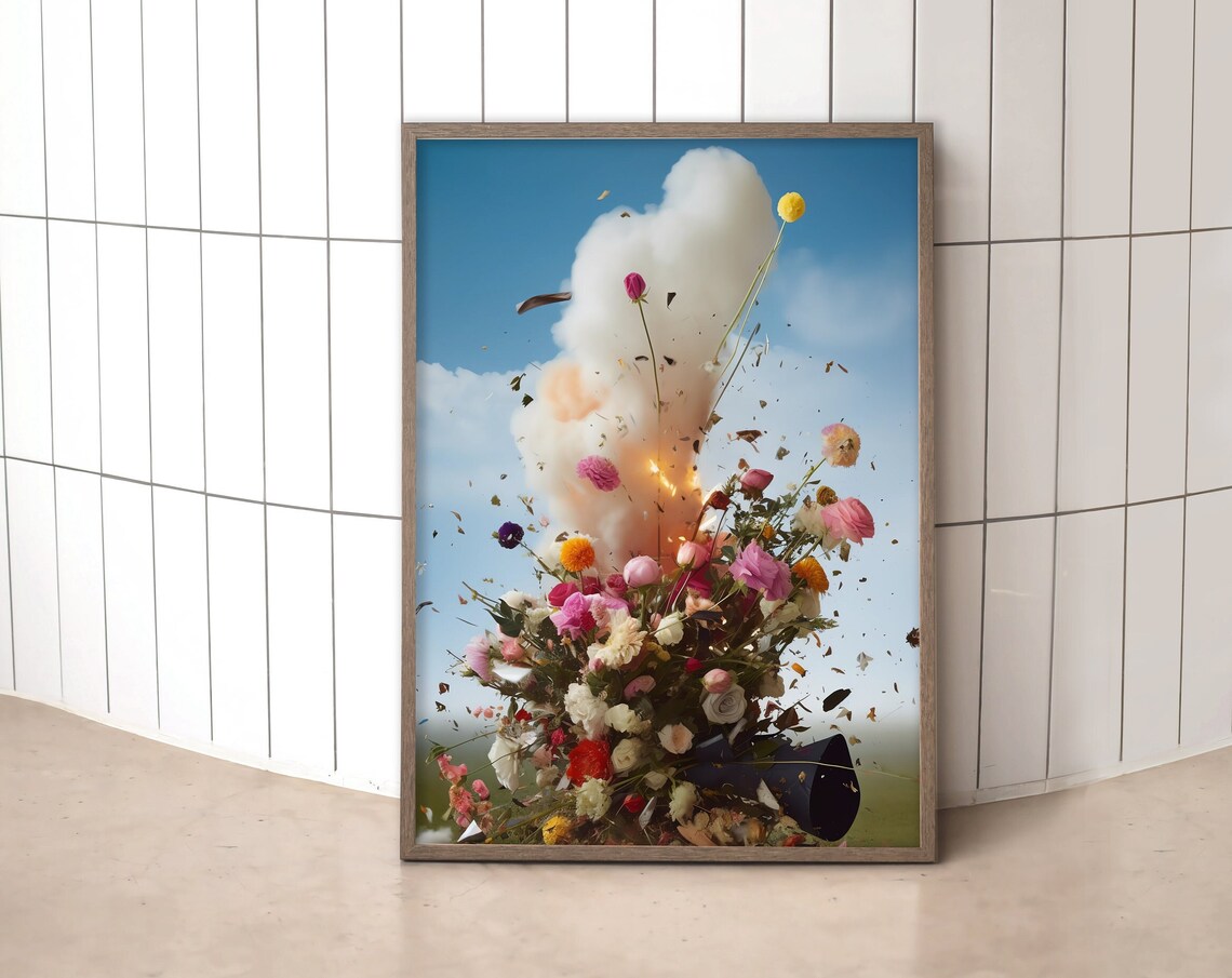 Exploding Bouquet Burst Of Flowers Against Blue Sky Surreal Art Print