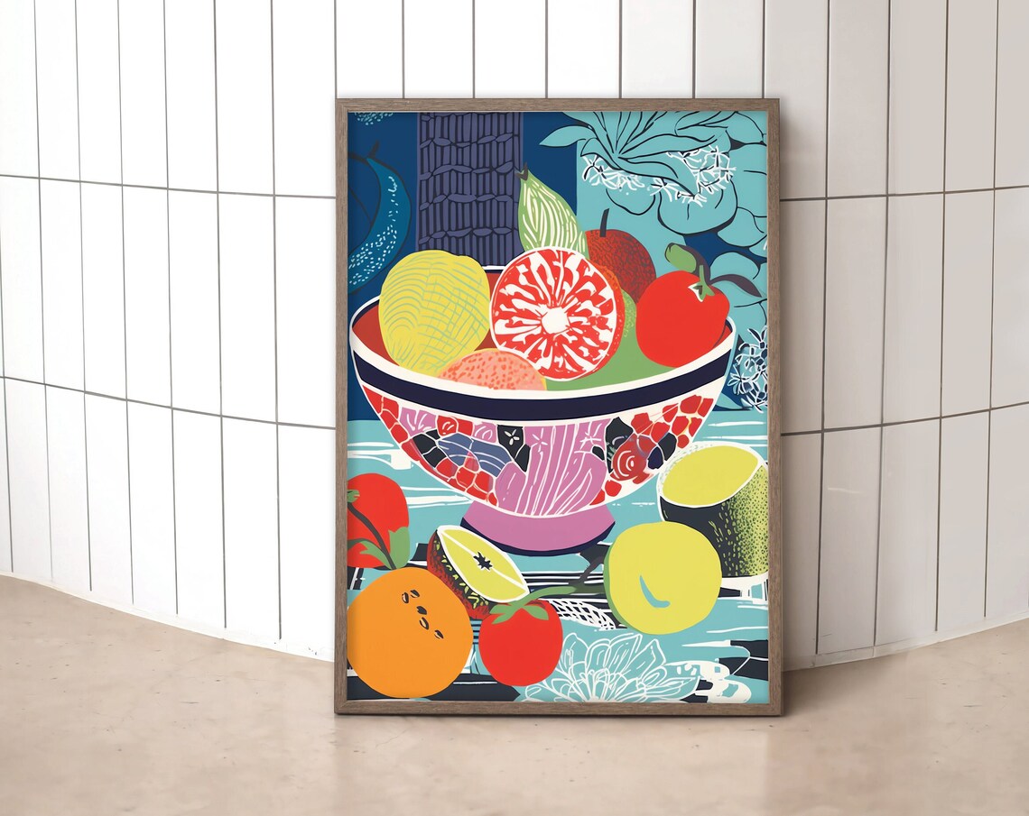 Colorful Citrus Fruit Bowl Mosaic Still Life Painting Poster