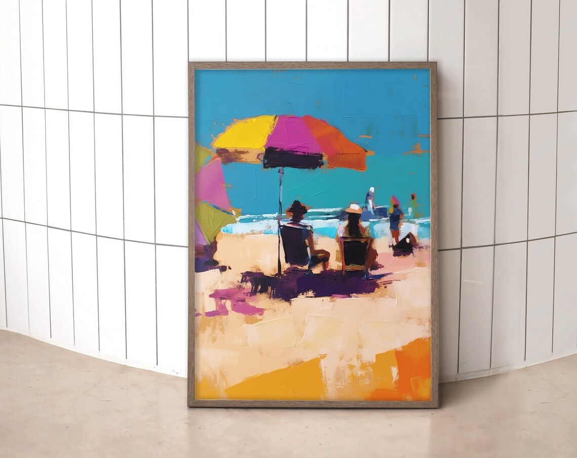 Colorful Beach Day Under Rainbow Umbrella Acrylic Painting Art Print