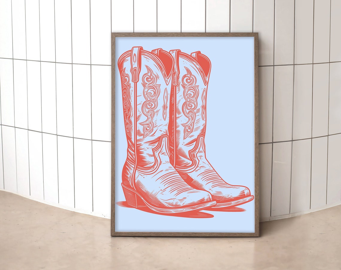 Coral Cowboy Boots On Light Blue Modern Western Decor Poster
