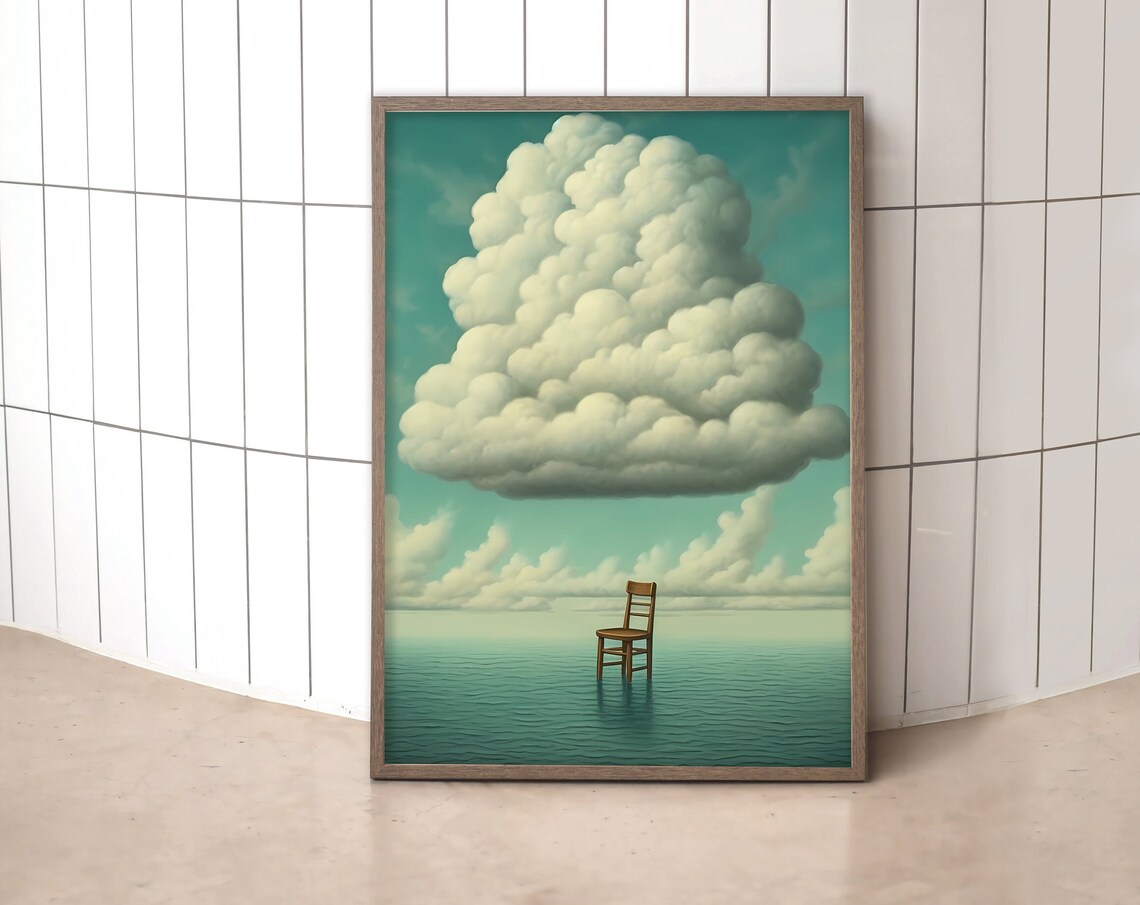 Surreal Ocean Cloud Chair Solitary Teal Dreamscape Art Poster