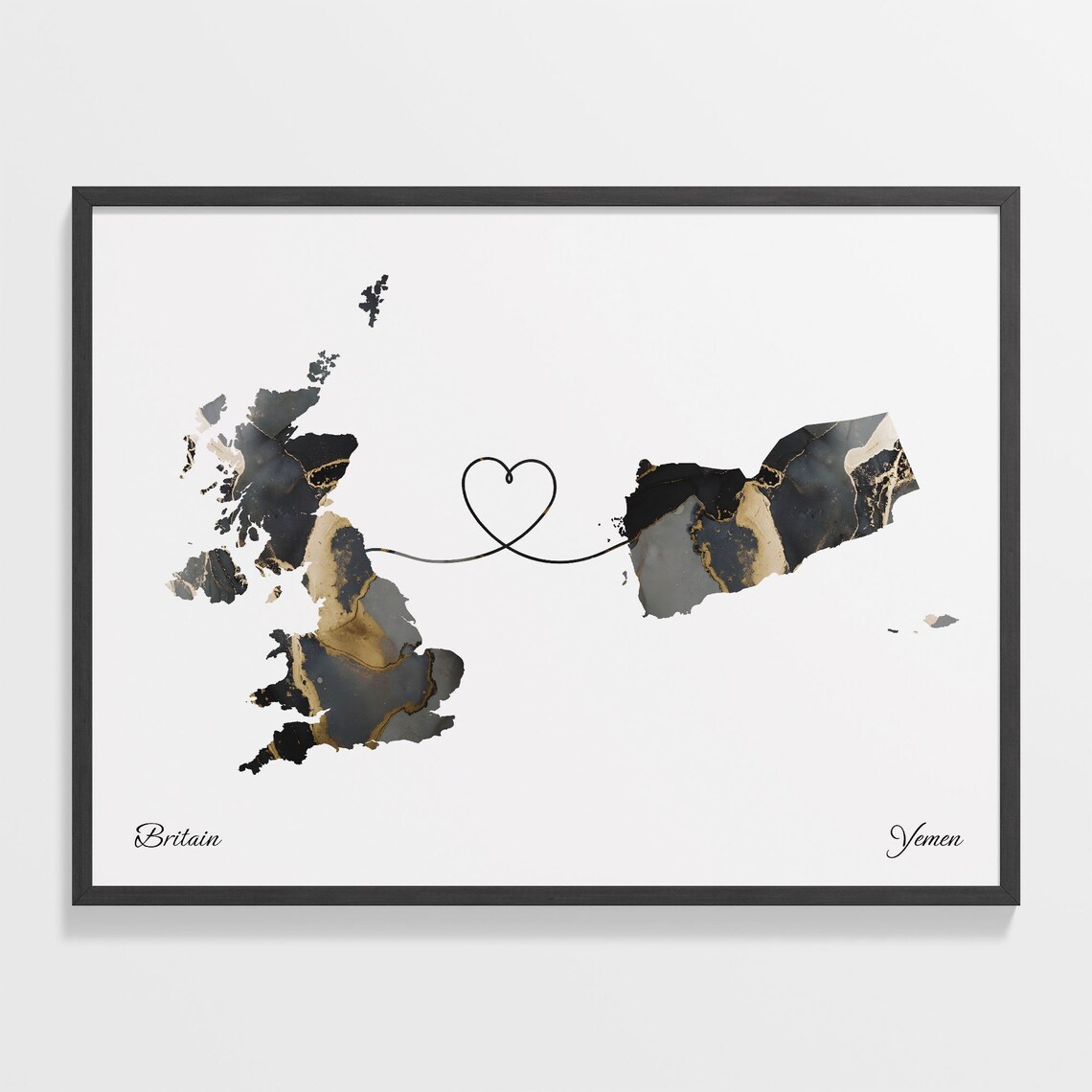 Britain and Yemen Black Gold Marble Two Country Love Map Poster