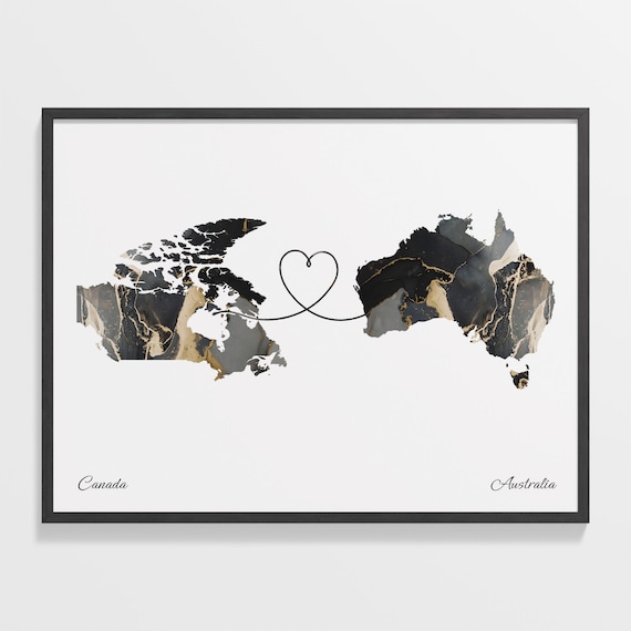 Canada To Australia Long Distance Marble Map Heart Print Gift Art