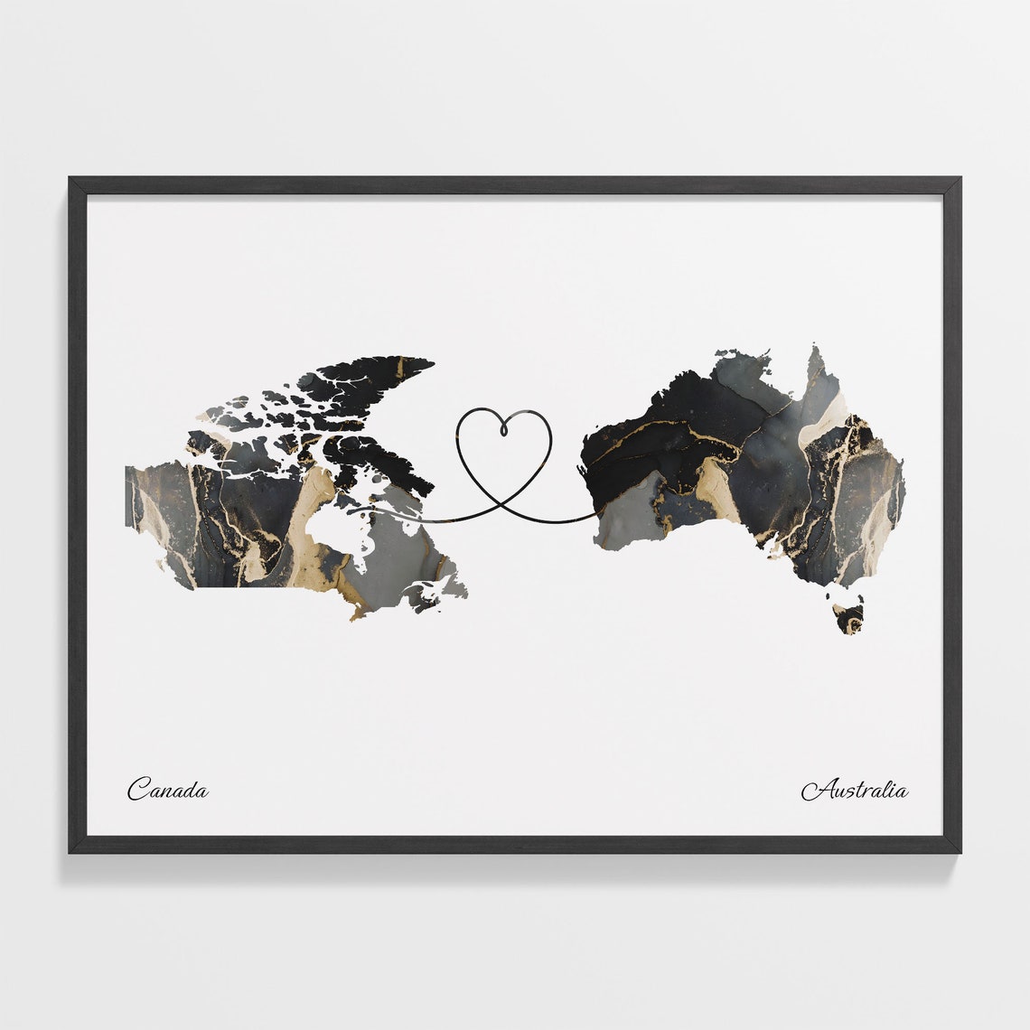 Canada To Australia Long Distance Marble Map Heart Print Gift Art