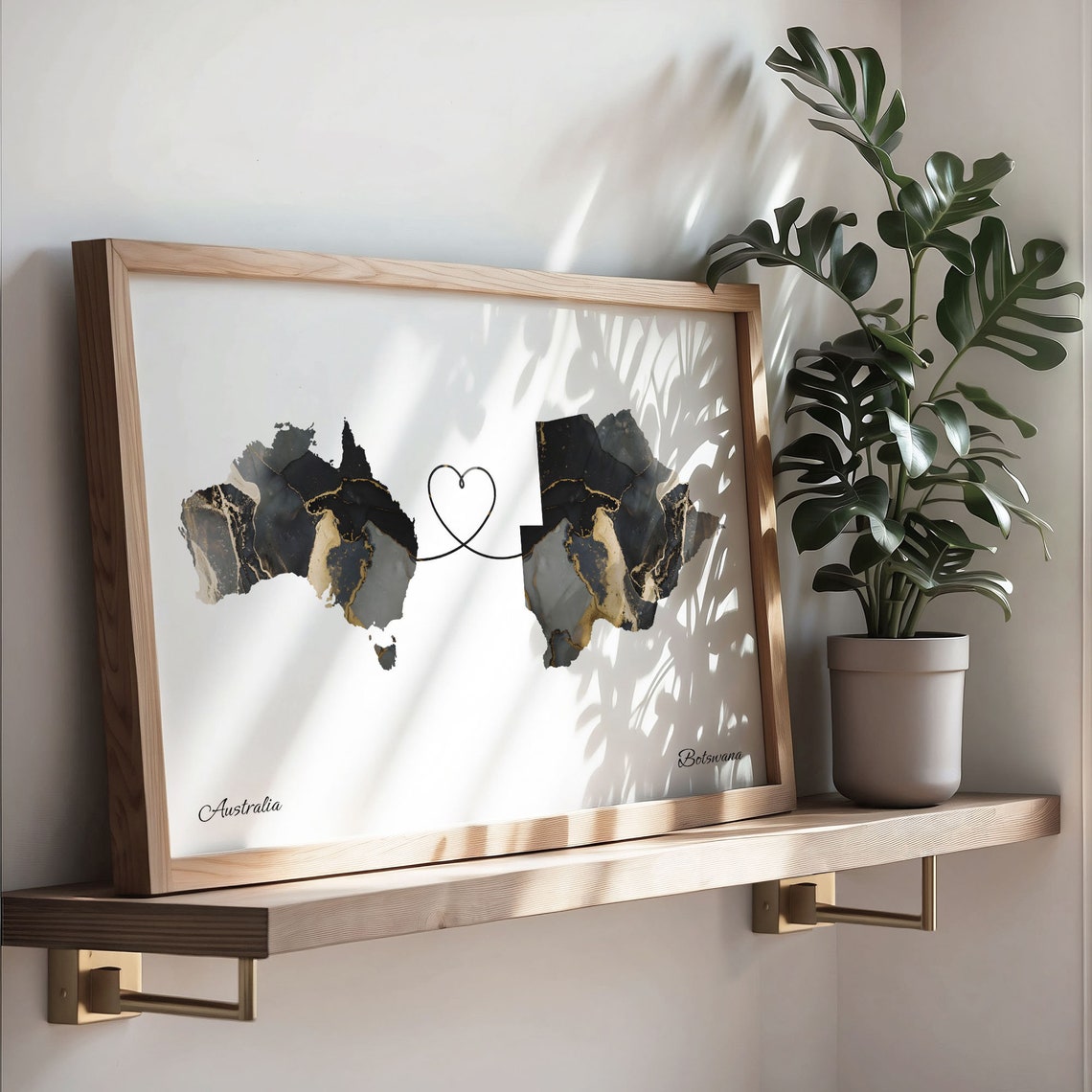 Australia to Botswana Black and Gold Marble Two Country Map Poster - Image 3