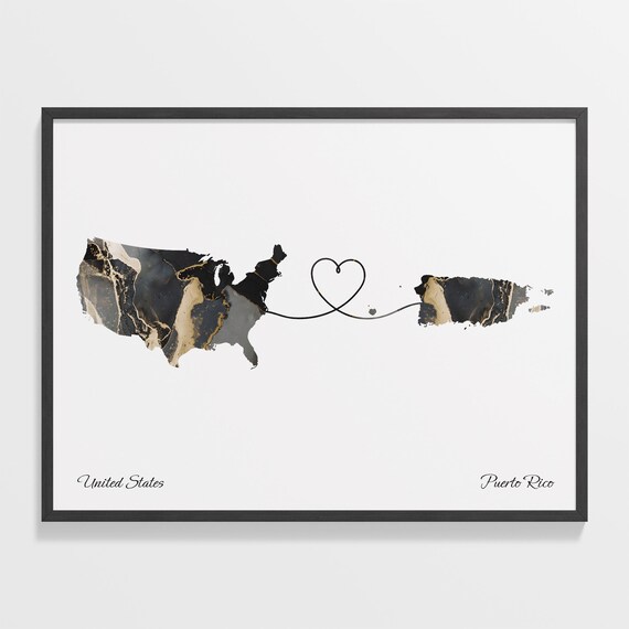 United States to Puerto Rico Marble Heart Map Poster Gift for Long Distance Love