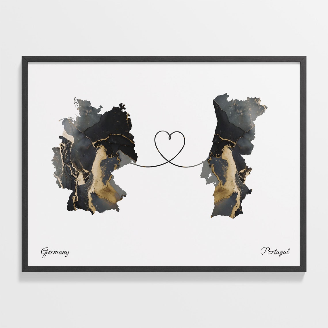Germany to Portugal Black Gold Marble Heart Connection Map Poster